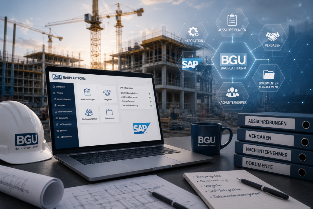 Digitale Bauplattform mit SAP-Integration für Ausschreibungen, Vergaben, Dokumentenmanagement und Nachunternehmerprozesse.