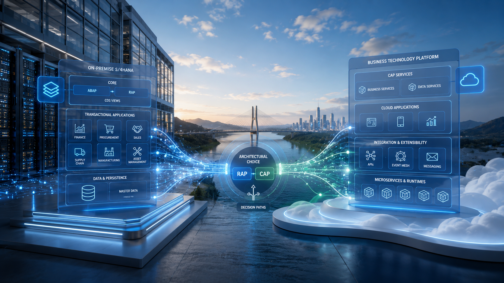 Visualisierung einer SAP-Architekturentscheidung zwischen RAP im S/4HANA-Kern und CAP auf der SAP Business Technology Platform.