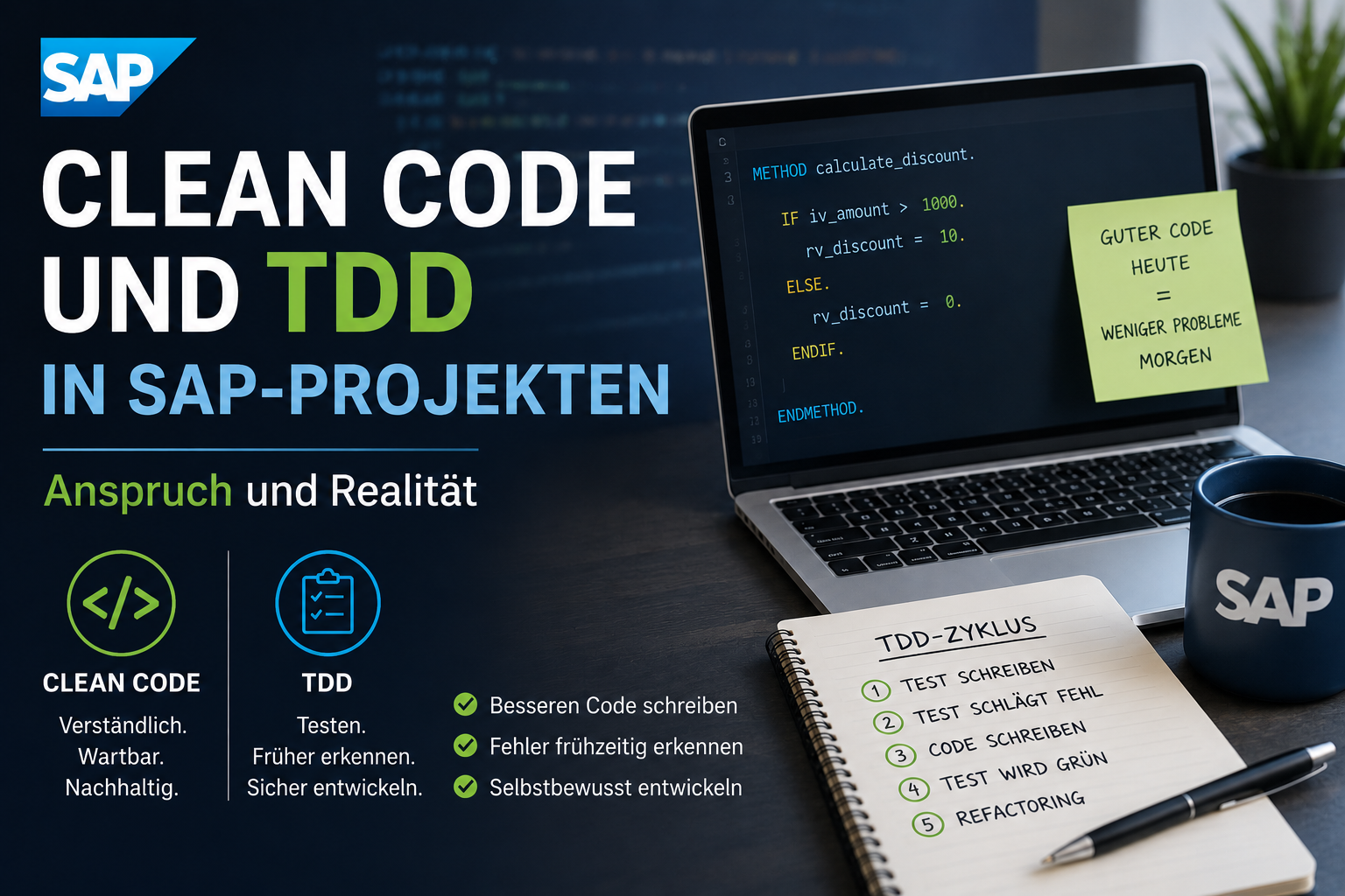 Titelbild zum Beitrag Clean Code und TDD in SAP-Projekten mit ABAP-Code und TDD-Zyklus.