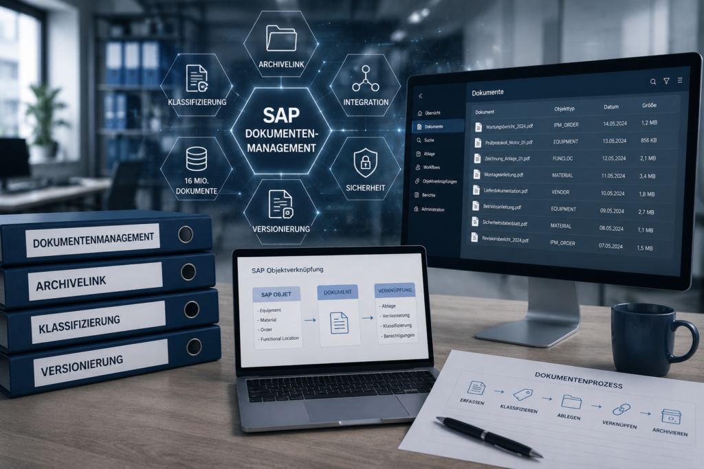SAP Dokumentenmanagement mit ArchiveLink, Dokumentenklassifizierung, Versionierung, Objektverknüpfungen und Systemintegration.