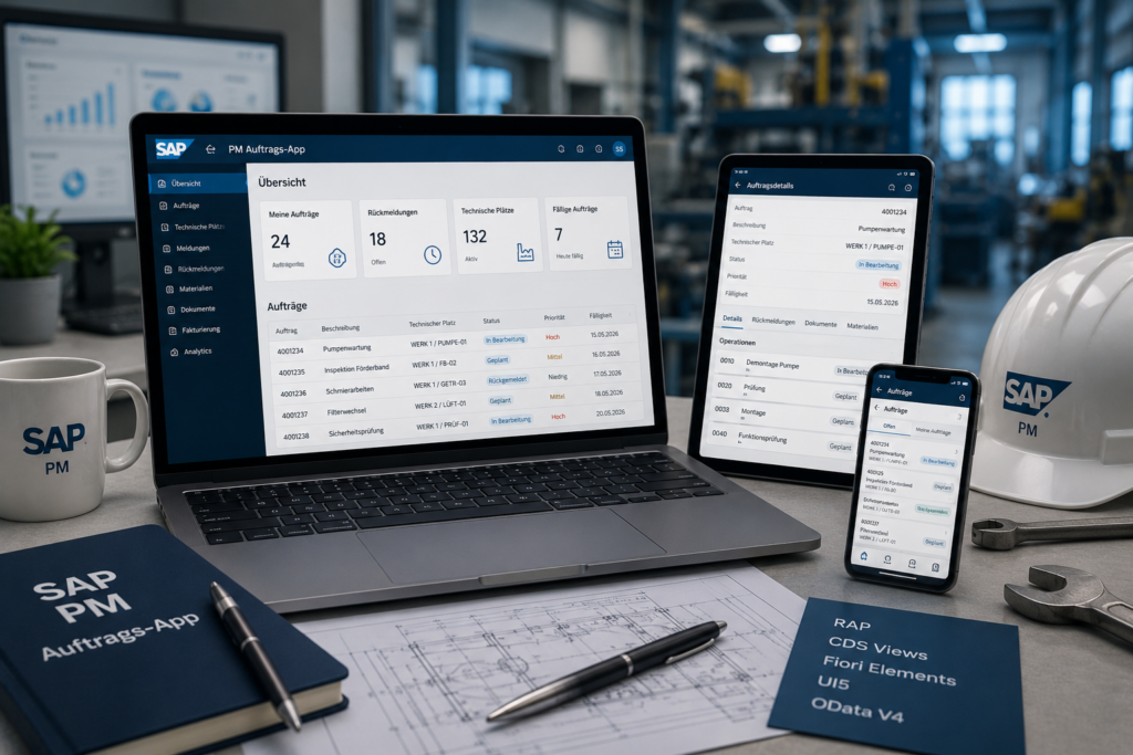 Moderne SAP PM Auftragsmanagement Anwendung auf Basis von RAP, CDS Views und Fiori Elements für Werkstatt- und Instandhaltungsprozesse.