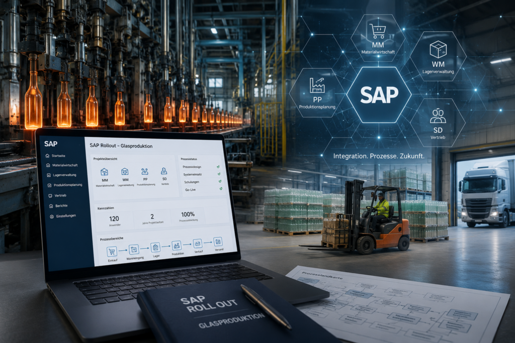 SAP Rollout in einem Produktionsunternehmen mit Lager, Fertigung, Logistik und digitalisierten Geschäftsprozessen.