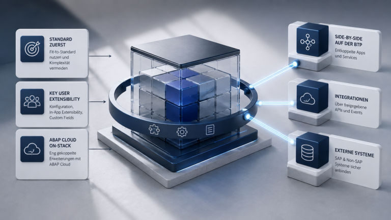 Darstellung eines stabilen SAP-S/4HANA-Kerns mit On-Stack-, Side-by-Side- und API-basierten Erweiterungen