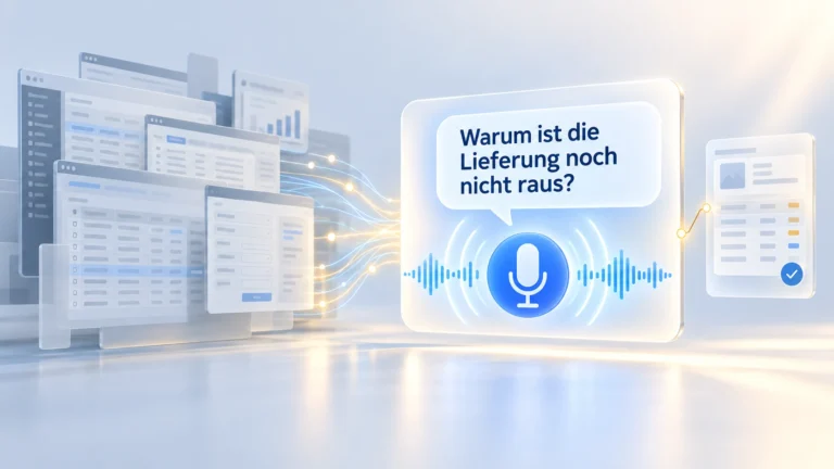 Mikrofon und Sprachwelle vor SAP-Masken mit der Frage: Warum ist die Lieferung noch nicht raus?